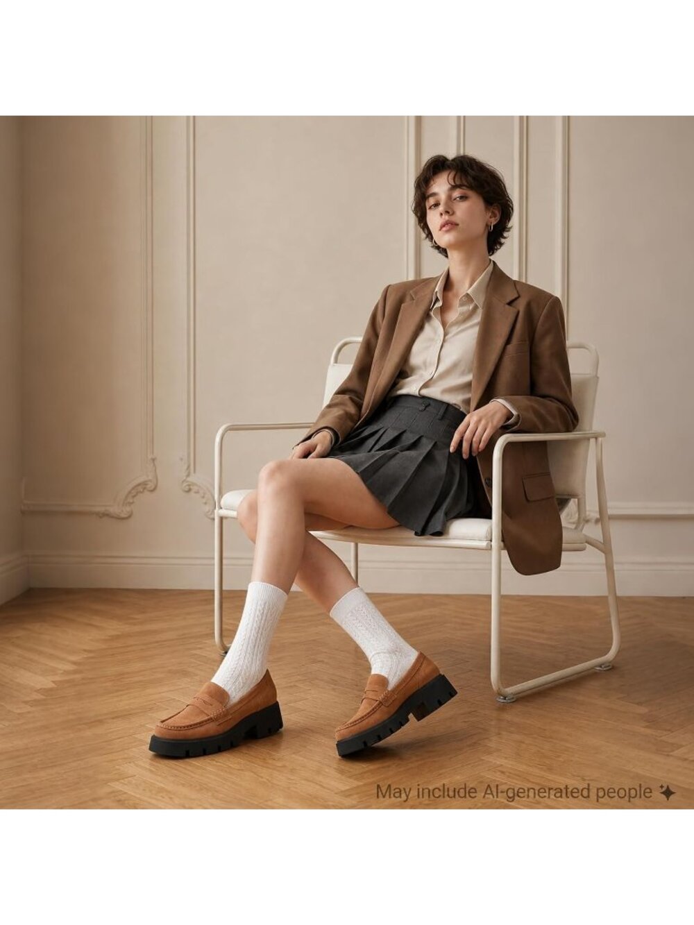 Women's Tan Fitory Suede Chunky Platform Penny Loafers Lug Sole Slip On Flat Sho - Picture 3 of 6